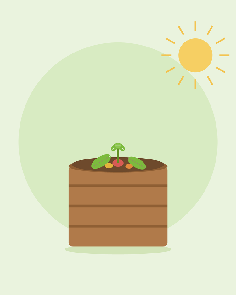 Illustrazzjoni sempliċi ta' bin tal-kompost tal-injam bil-fdalijiet tal-ġnien u tal-kċina — kompostjar għall-bidu, minn SeedsChoice