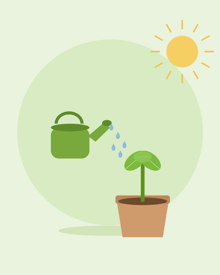 Illustrazzjoni ċatta ta' annaffjatur aħdar jisqi tifla f'vażett — l-innaffjatura tal-ġnien tiegħek, minn SeedsChoice